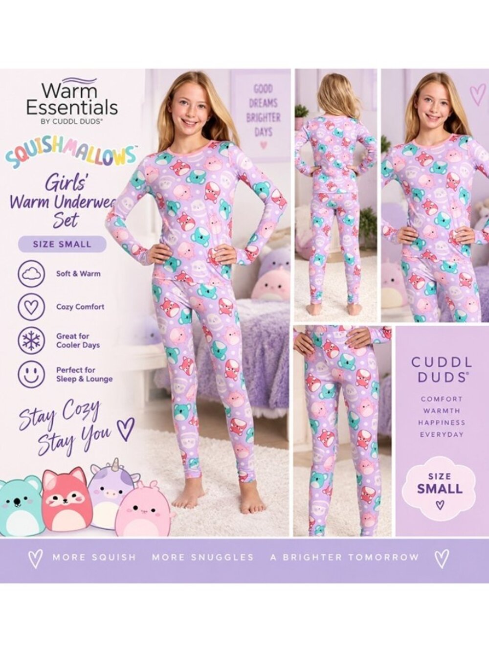 Squishmallows Cuddl Duds Girls 2pc Warm Underwear Set Small (6/7) Lavender NWT